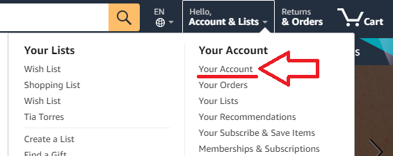 screenshot impostazioni account amazon.com in lingua americana