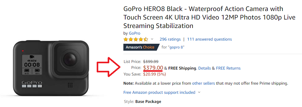 Prezzo acquisto GoPro Hero 8 Black su amazon americano (amazon.com)