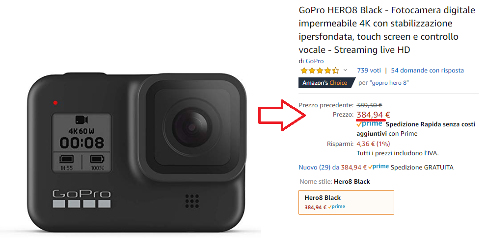  Prezzo acquisto GoPro Hero 8 Black su amazon.it